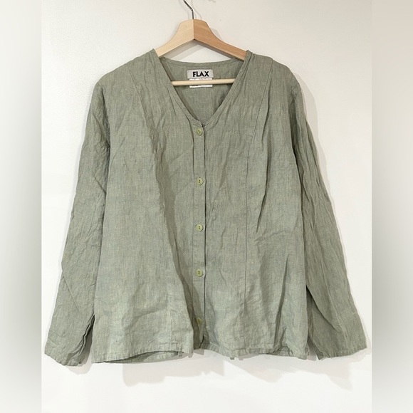 Flax Linen Back Pocket Button Front Lagenlook Shirt Light Green M - Picture 1 of 5